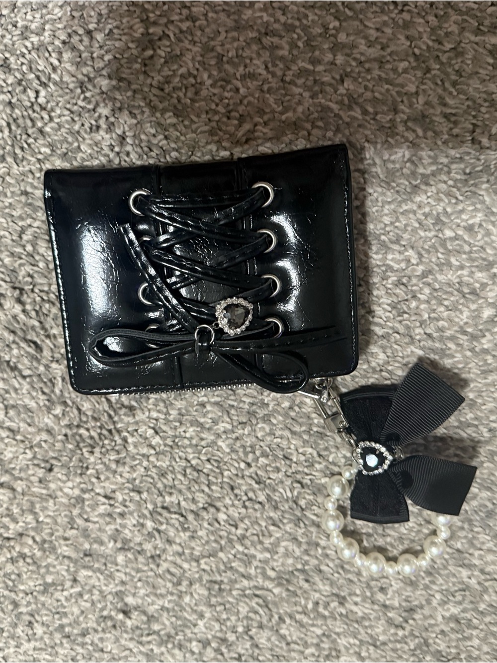 Brand New Black Patent Lace-Up Women’s Wallet with Bow Charm